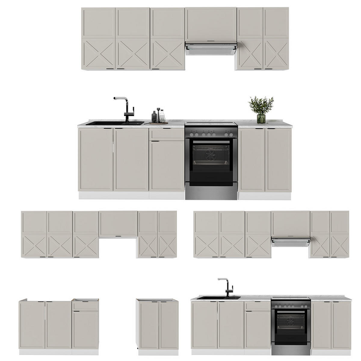 KÜCHENZEILE Fame-Line GrauBeige/Weiß 240 cm ohne AP - Weiß/Grau, Holzwerkstoff (240/81.6/46cm) - Vicco