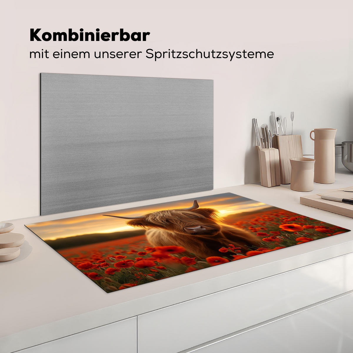 HERDABDECKPLATTE Schottische Highlander - Rosen - Blumenfeld - Sonnenuntergang Induktionsschutz 91.2x52 cm - Rotbraun, Kunststoff (91.2/52/0.2cm) - MuchoWow