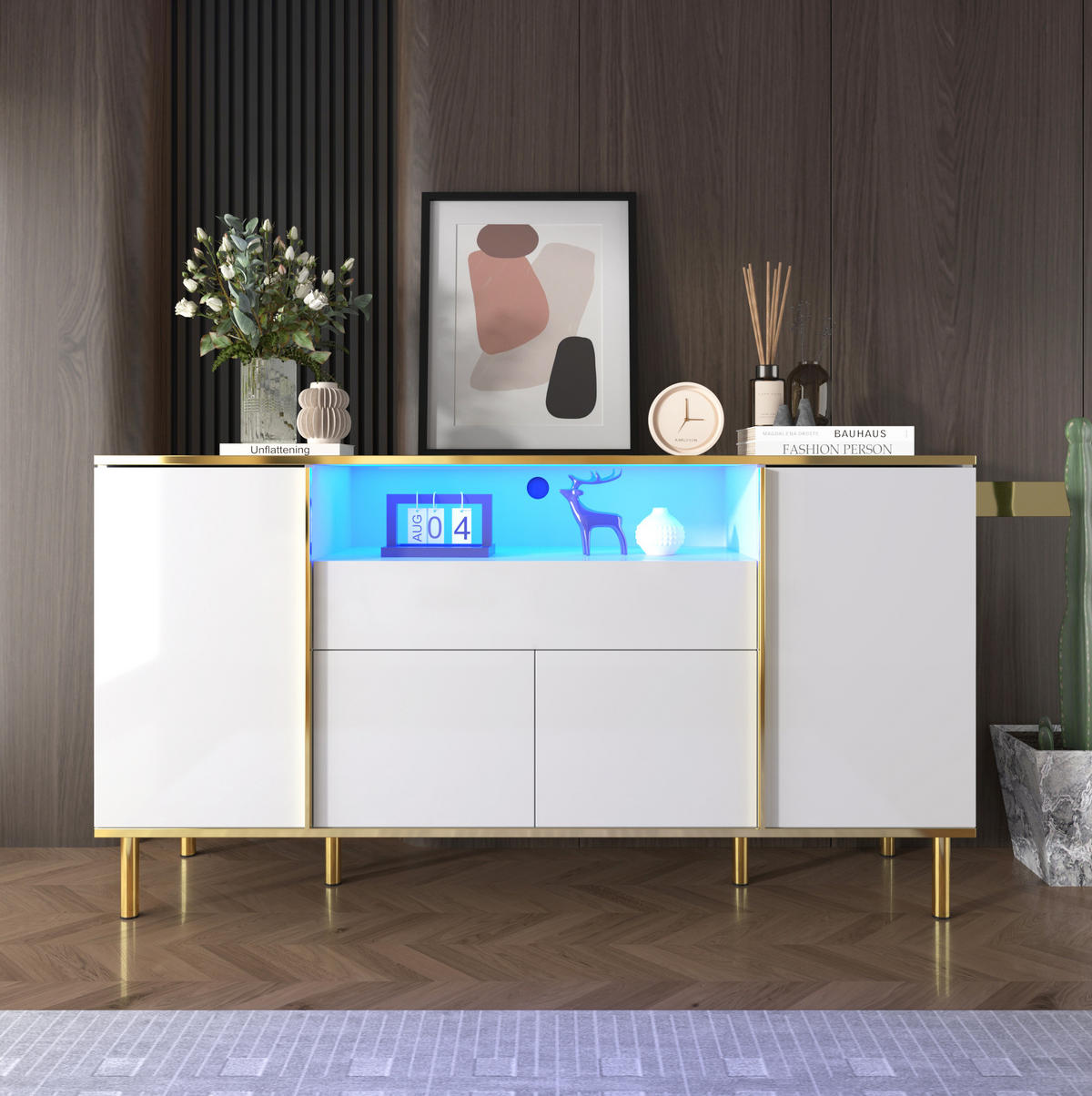 SIDEBOARD 150/40/80 cm weiß aus MDF mit LED-Beleuchtung - Weiß, Holzwerkstoff (150/80/40cm) - OKWISH