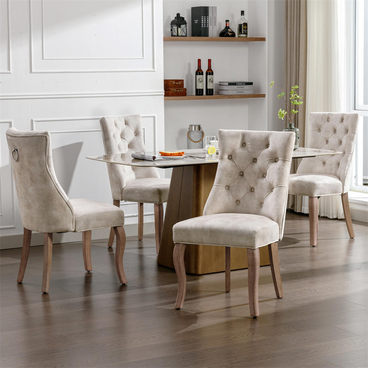 STUHL-SET 4 Stück in Hellbeige Samt - Beige, Holz/Fell (47/97/51cm) - KOMHTOM