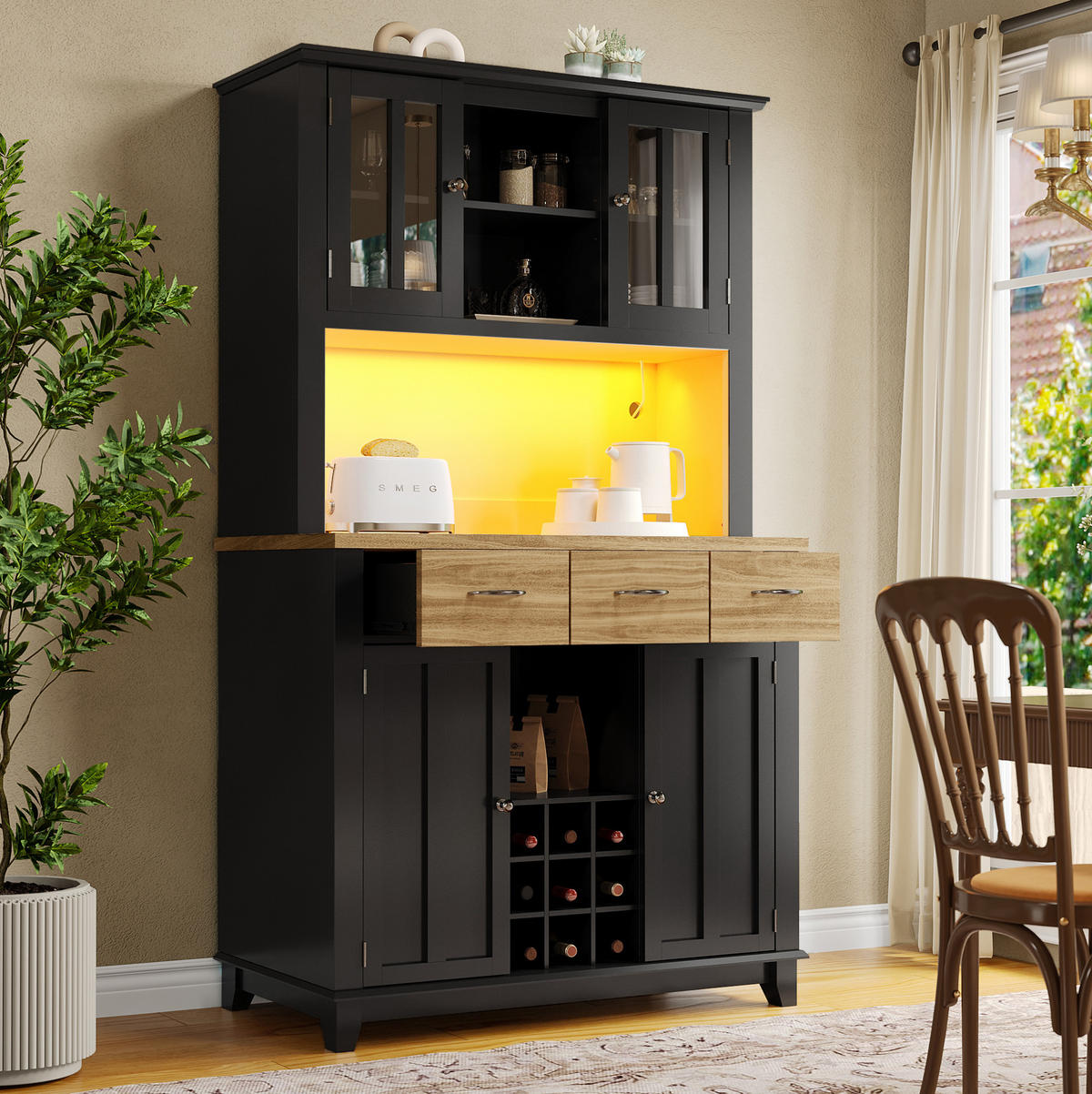 KÜCHENBUFFET 106/40/179,5 cm schwarz aus MDF mit LED - Schwarz, Holzwerkstoff (106/179.5/40cm) - OKWISH