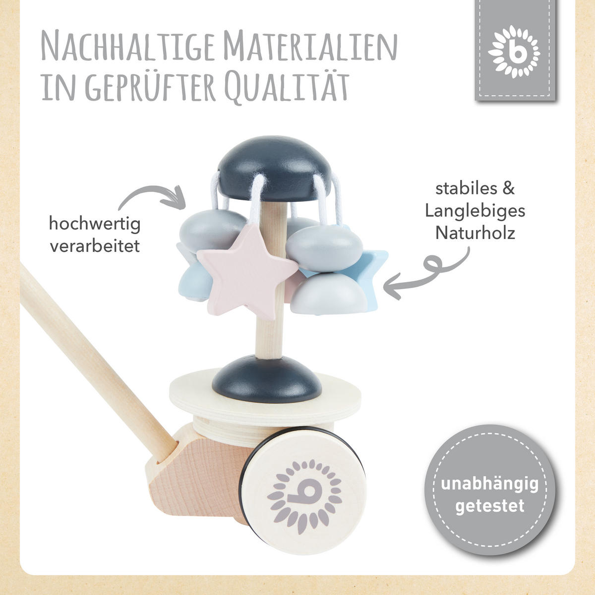 SCHIEBESPIELZEUG Holz mit Stern-Karussel - Blau, Holz (11/30cm) - Bieco Spielwaren