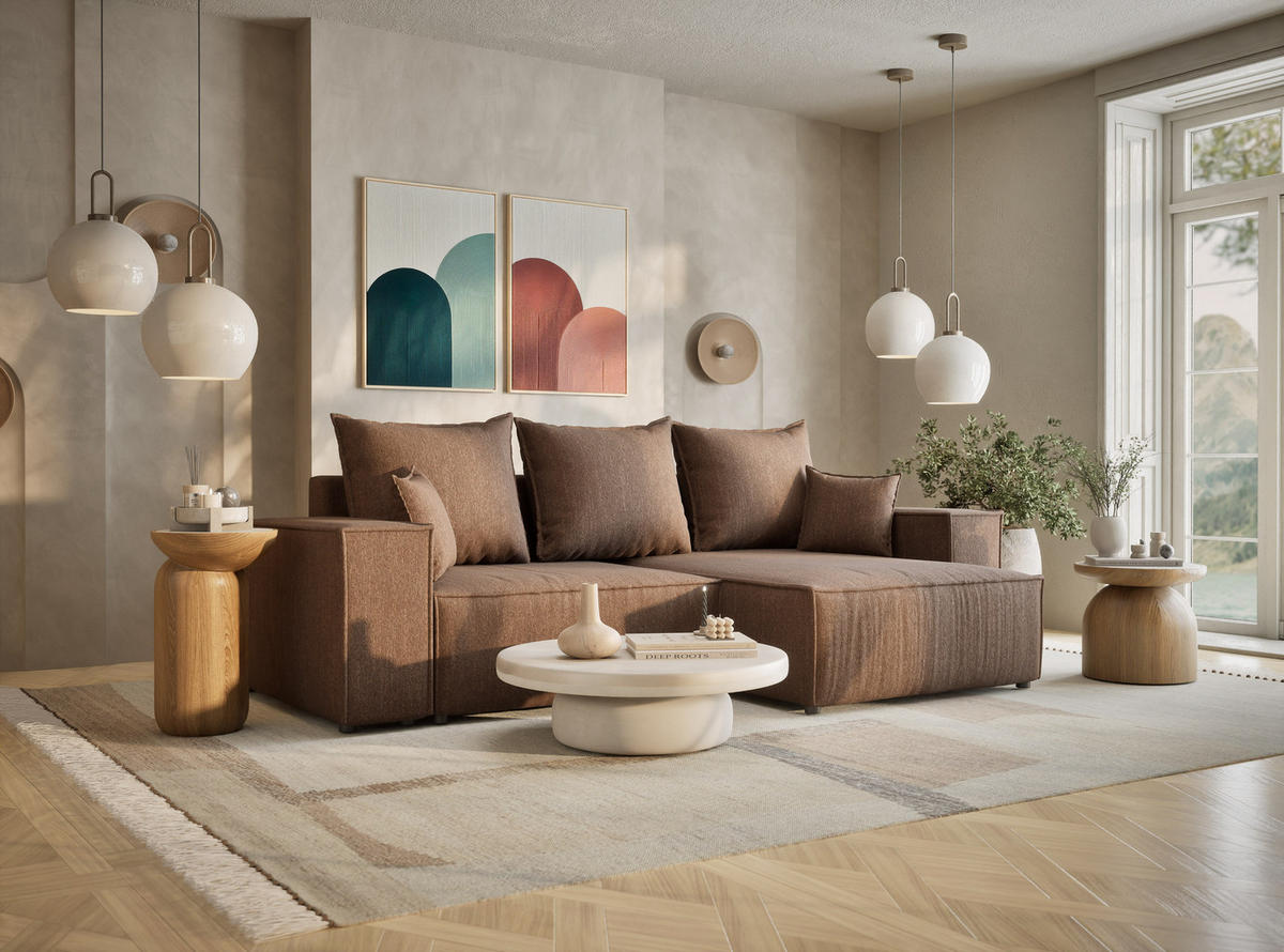 ECKSOFA MIT SCHLAFFUNKTION Moyo Hellbraun Webstoff - Hellbraun/Schwarz, Holz/Holzwerkstoff (255/148cm) - Maison de Reve