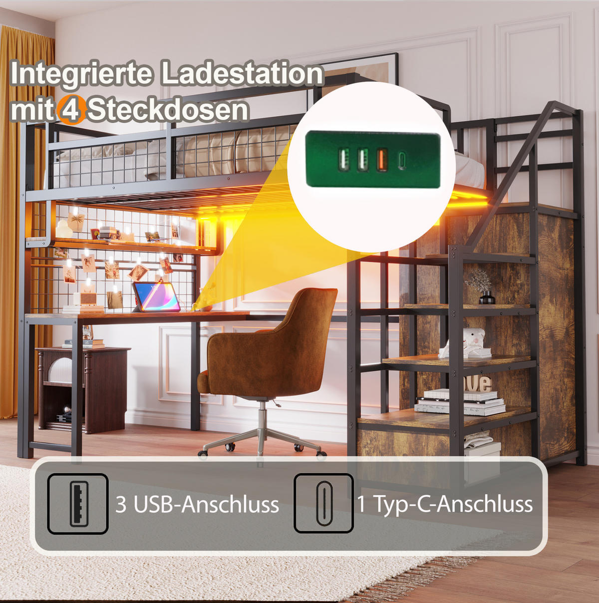 HOCHBETT 140/200 cm, Schwarz mit Schreibtisch, Regal und Stauraumleiter - Schwarz, Metall (140/200cm) - MIVRAY