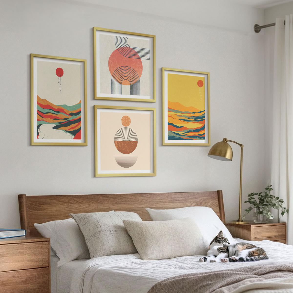 WANDBILDER 4er Set - 50x50 cm & 40x60 cm Goldrahmen - Farbenfrohe Muster der Japandi-Flussberge - Goldfarben, Kunststoff (50/50cm) - ArtPrintCave
