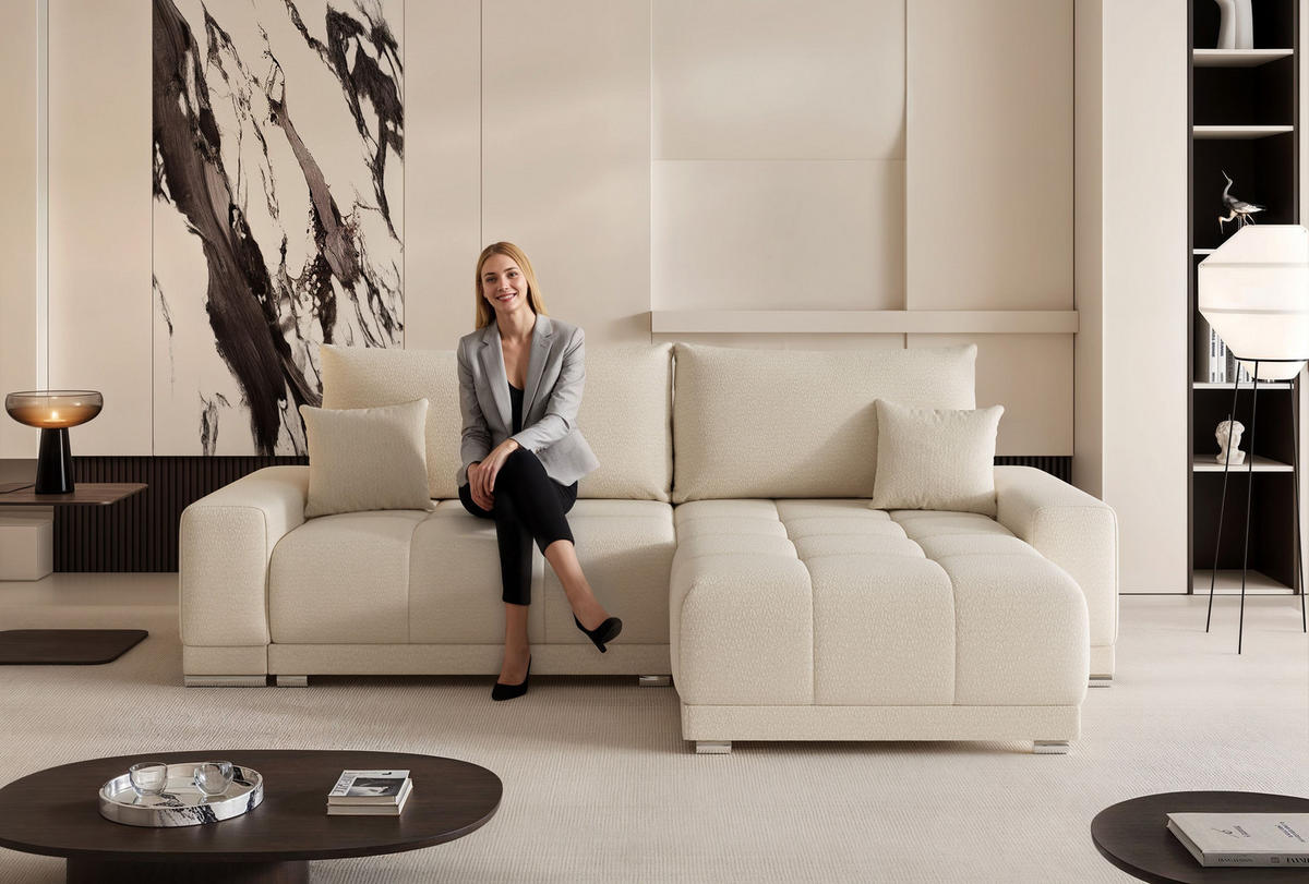ECKSOFA TARA mit Schlaffunktion und Bettkasten Creme - Creme, Holzwerkstoff/Kunststoff (250/160cm) - Idohome