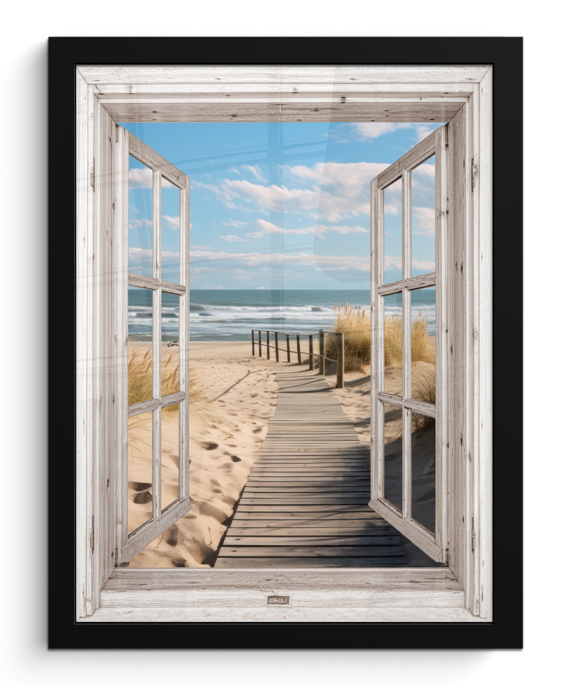 GERAHMTES BILD Fenster - Meer - Küste - Natur - Ausblick - Strand - Wattenmeer 30x40 cm - Beige, Papier (30/40cm) - MuchoWow