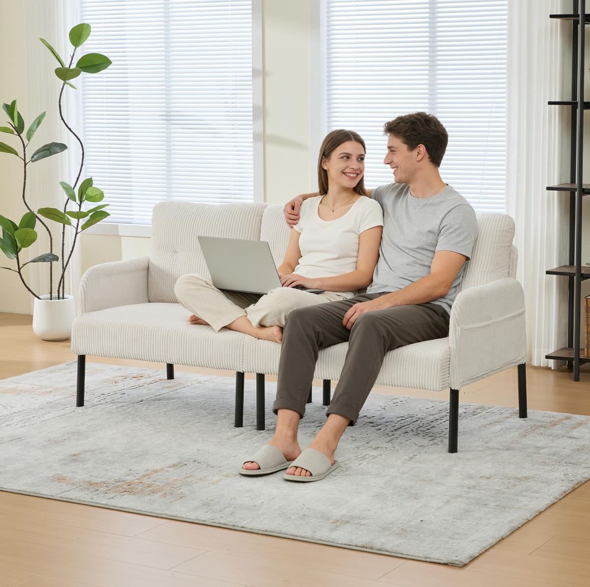 SOFA 3-Sitzer mit Seitentasche 171 x 72 x 80 cm Cord Beige - Beige, Kunststoff (171/80/72cm) - Meubliv
