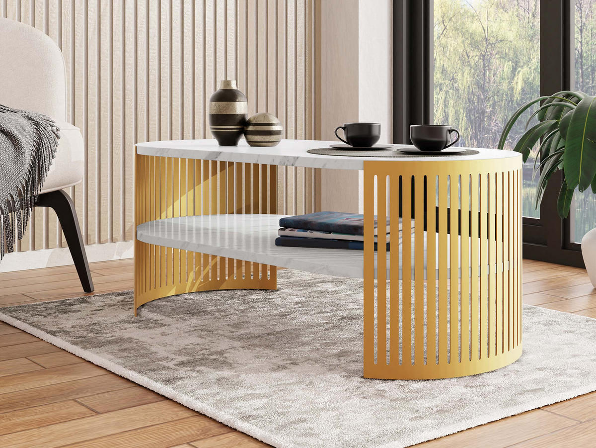 COUCHSITCH Fikoli Oval Gold I - Goldfarben/Weiß, Holzwerkstoff/Metall (100/50/40cm) - MIRJAN24