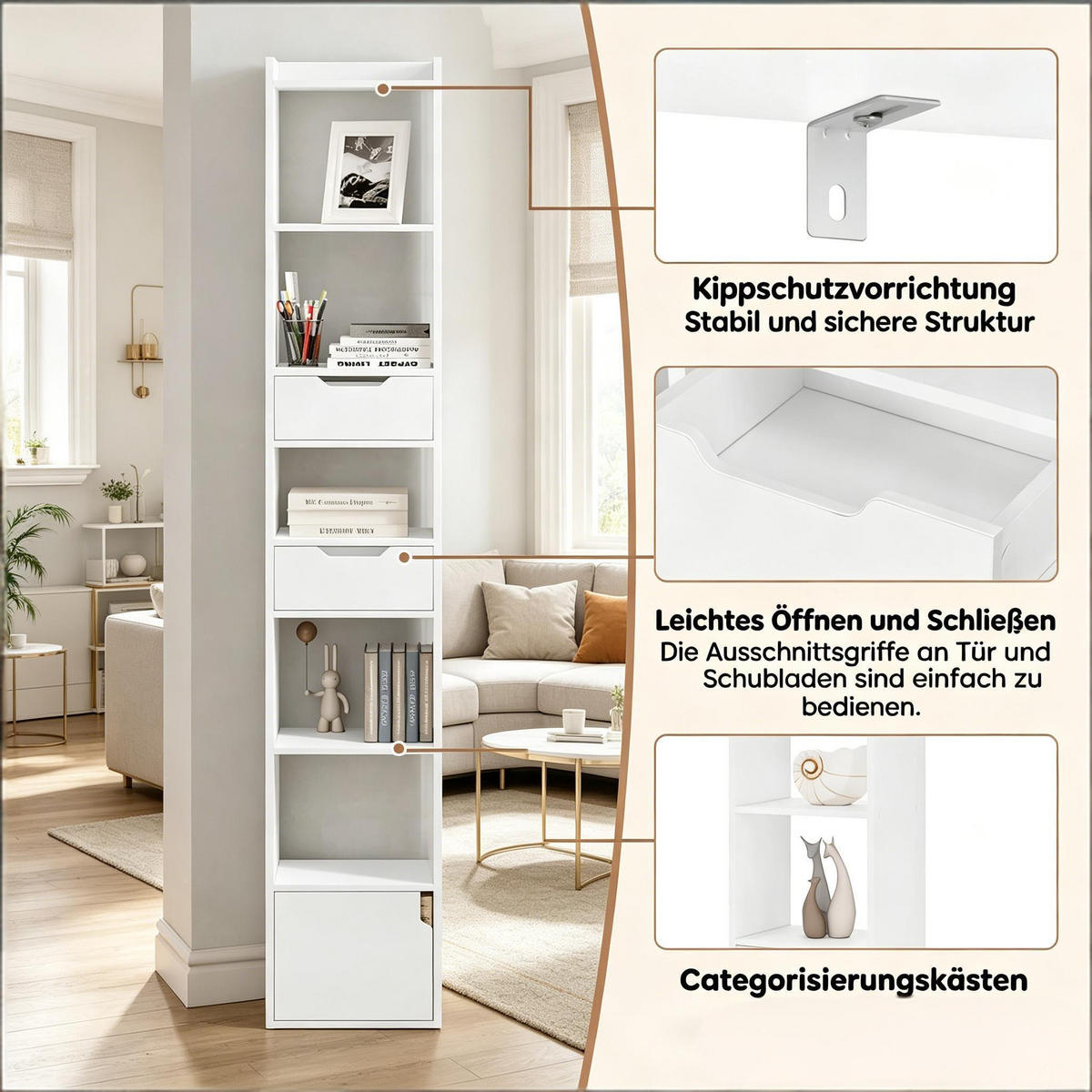 BÜCHERSCHRANK Weiß mit 2 Schubladen und 1 Tür 33/24/181 cm - Weiß, Holz (33/181/24cm) - PANGIVO