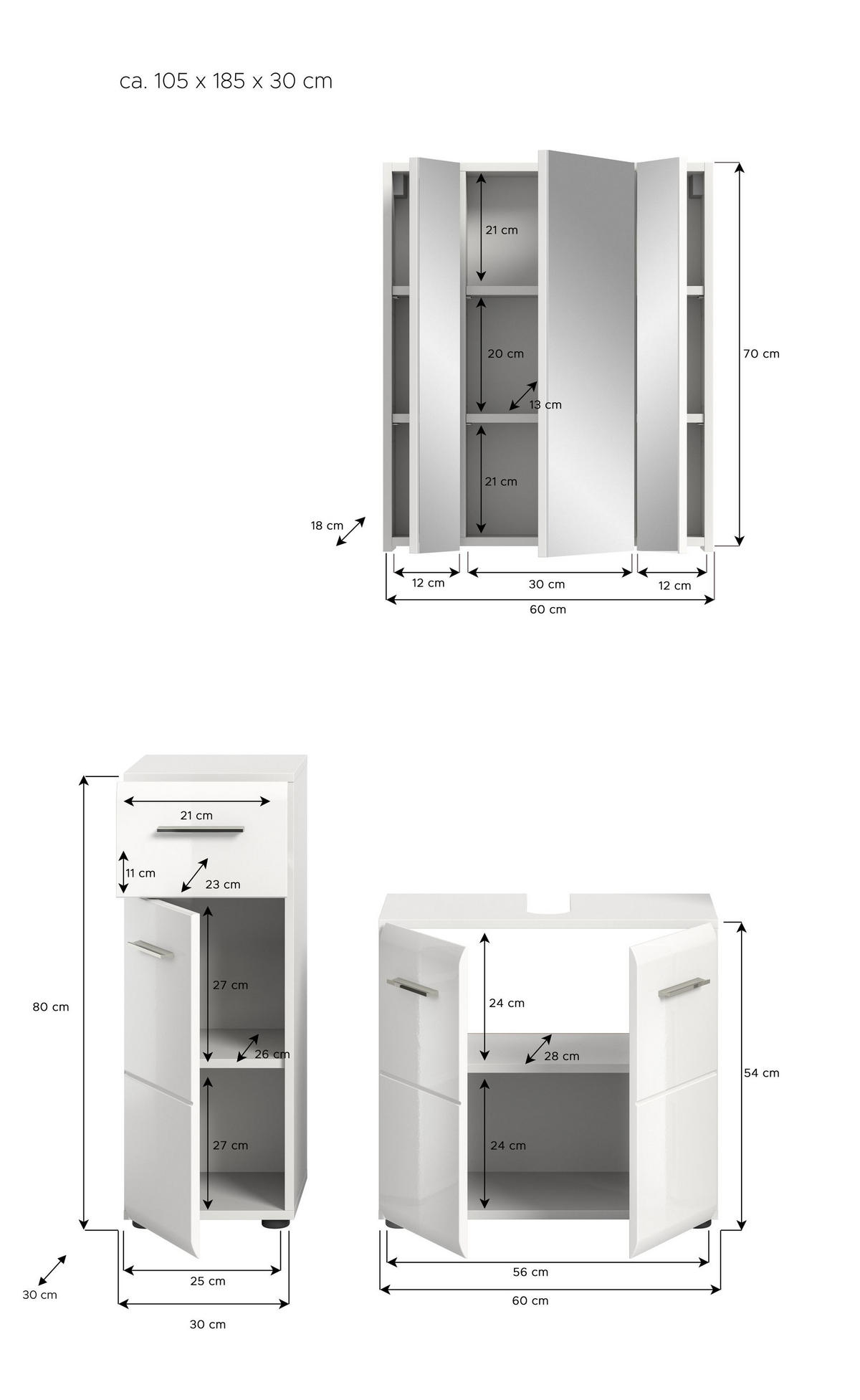 BADKOMBINATION Ice 105x185x30cm weiß Hochglanz MDF 3tlg. - Weiß, Holz (105/185/30cm)
