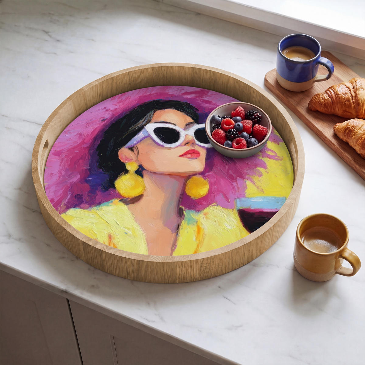 SERVÍROVACÍ PODNOS Žena - Klobouk - Fialová - Víno 50x50 cm - žlutá, dřevo (50/5/5cm) - OnlyWow