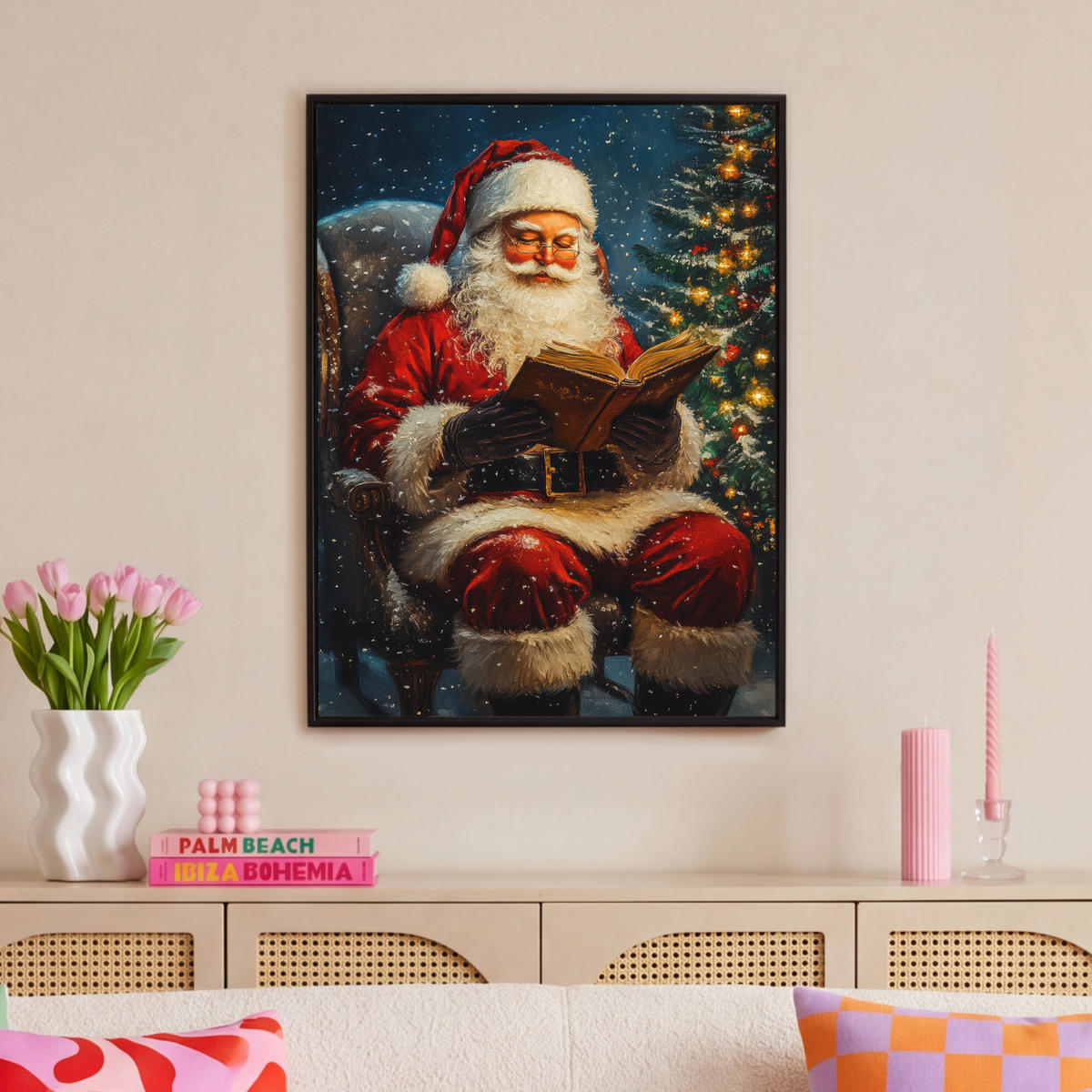 LEINWAND Bilder mit Rahmen - Weihnachtsmann - Weihnachten - Winter - Weihnachtsbaum - 70x100 - Bordeaux, Textil (70/100cm) - MuchoWow