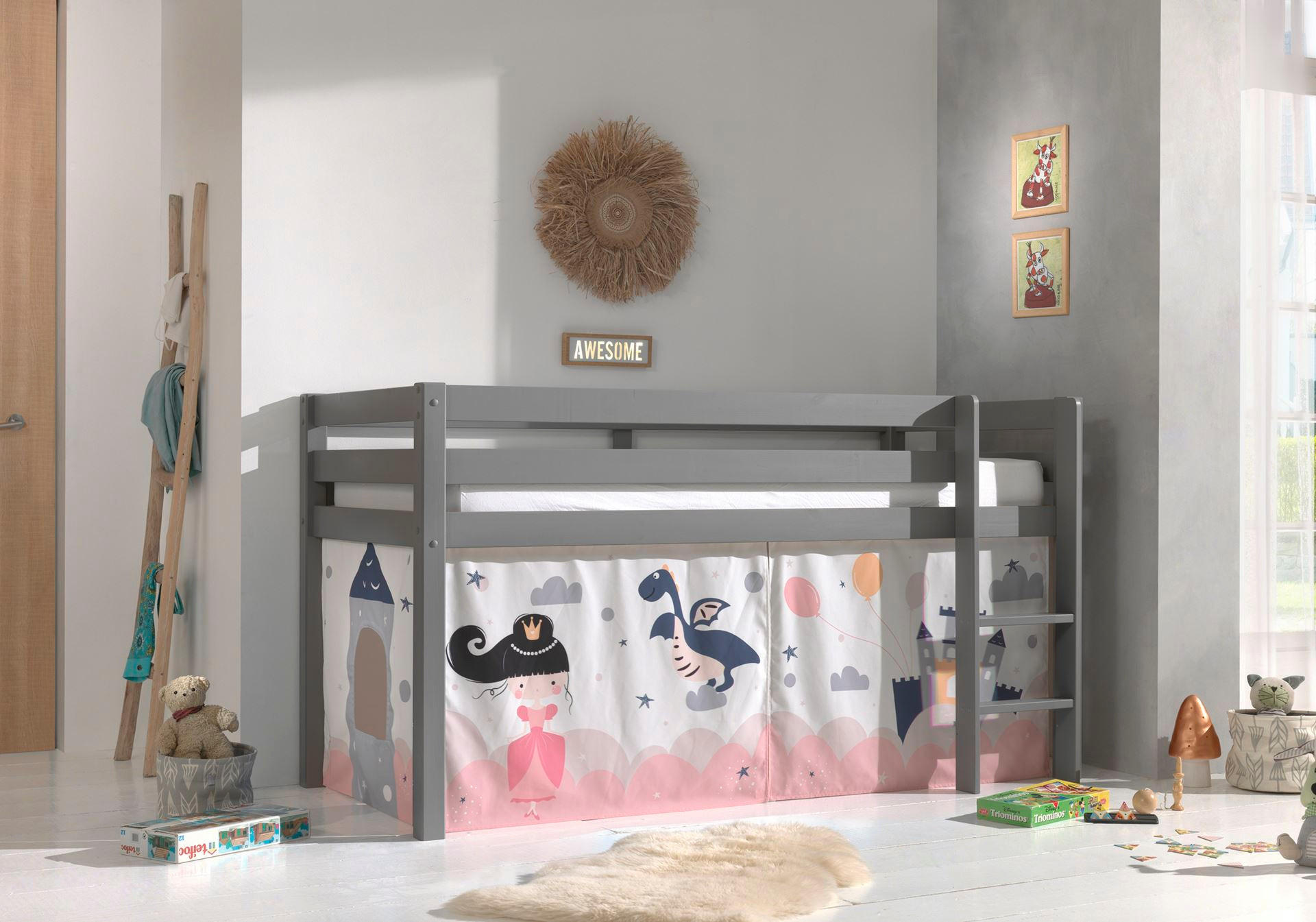 KINDERBETT Karolina 210x114x106 Massivholz Grau Textilset Sophie - Magnolie/Grau, Holz (90/200cm) - 58aufmkessel