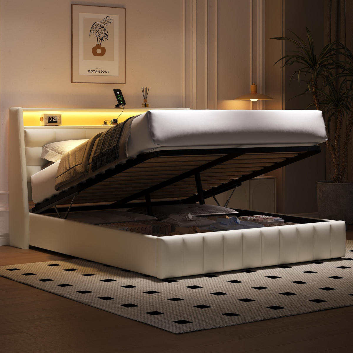 POLSTERBETT 160/200 cm Weiß mit LED-Beleuchtung USB-Anschlüssen und Stauraum - Weiß, Textil (160/200cm) - OKWISH