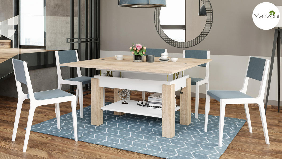 COUCHTISCH rechteckig Sonoma Eiche - Weiß ausziehbar höhenverstellbar - Weiß/Sonoma Eiche, Holzwerkstoff (65/130/60cm) - designimpex