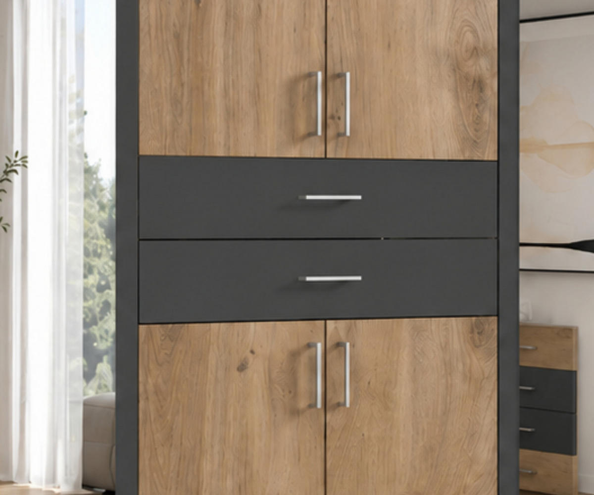 DREHTÜRENSCHRANK Kleiderschrank B270/H208/T58 cm mit Schubkästen & 2 Spiegeltüren, Eiche Dekor mit Absetzungen in Grafit / 22596 - Eichefarben/Silberfarben, Holzwerkstoff/Kunststoff (270/208/58cm) - luma-home