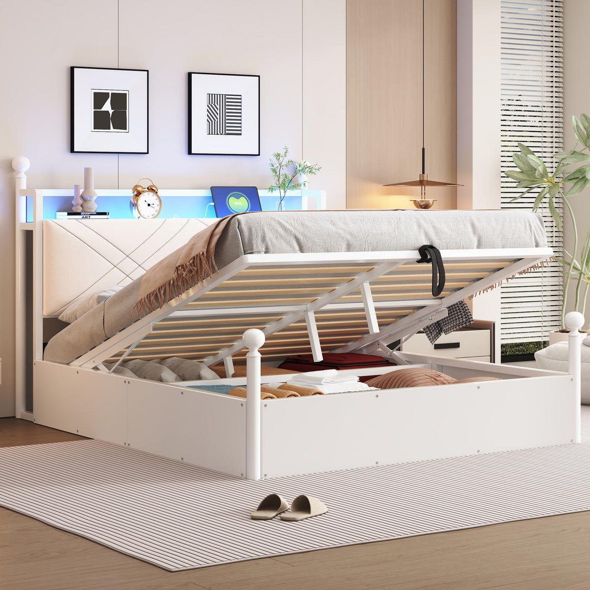 METALLBETT 140/190 cm in Weiß mit Bettkasten, LED und USB - Weiß, Holzwerkstoff/Metall (140/190cm) - WISHDOR