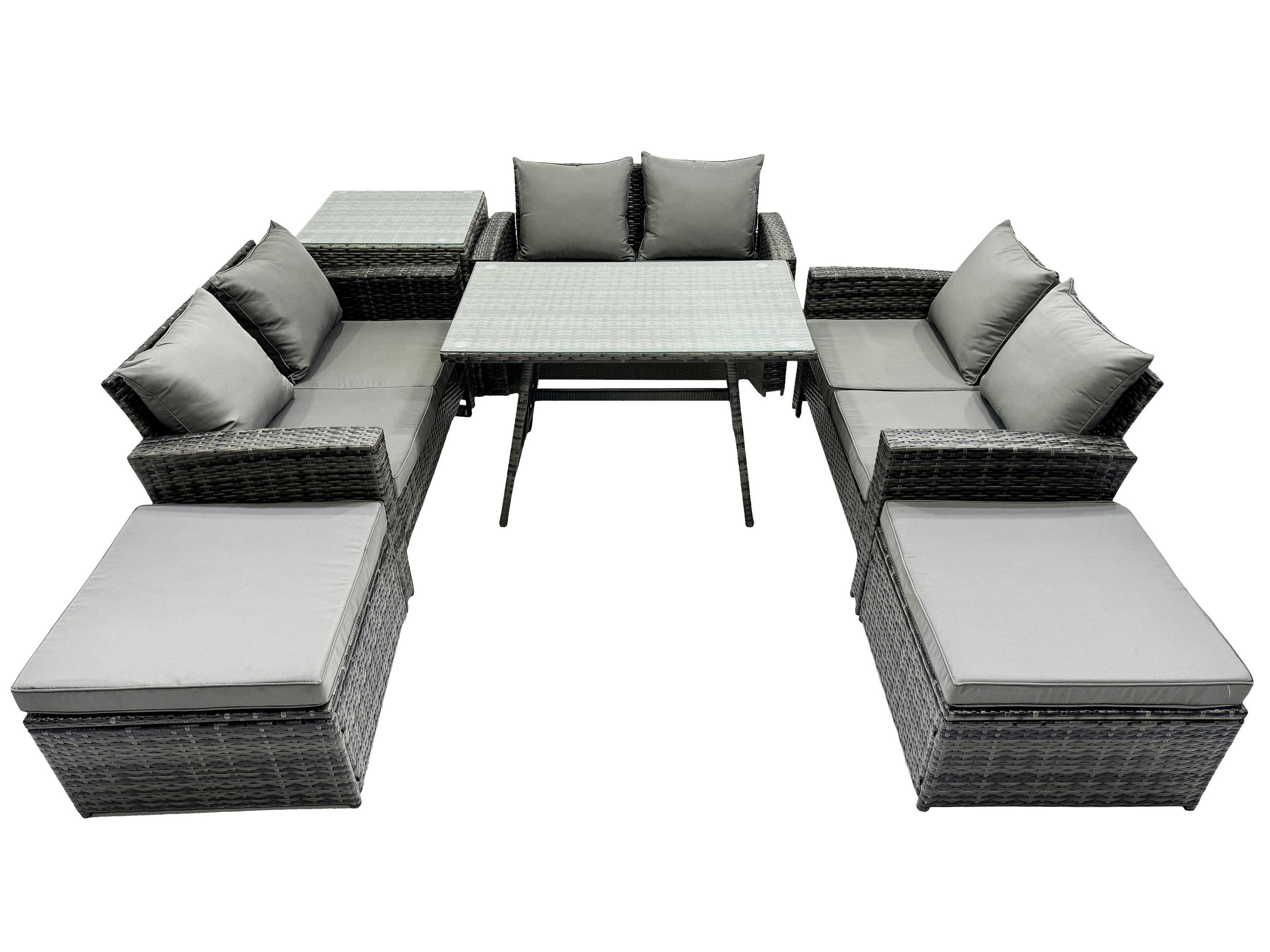 GARTENMÖBELSET mit ESSTISCH,HOCHLEHNER-SOFA Polyrattan Dunkelgrauer Mix 8-Sitzer - Dunkelgrau/Grau, Glas/Kunststoff - Fimous