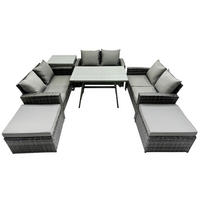 GARTENMÖBELSET mit ESSTISCH,HOCHLEHNER-SOFA Polyrattan Dunkelgrauer Mix 8-Sitzer - Dunkelgrau/Grau, Glas/Kunststoff - Fimous