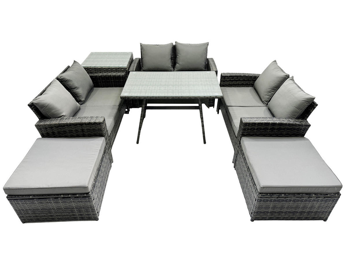 GARTENMÖBELSET mit ESSTISCH,HOCHLEHNER-SOFA Polyrattan Dunkelgrauer Mix 8-Sitzer - Dunkelgrau/Grau, Glas/Kunststoff - Fimous