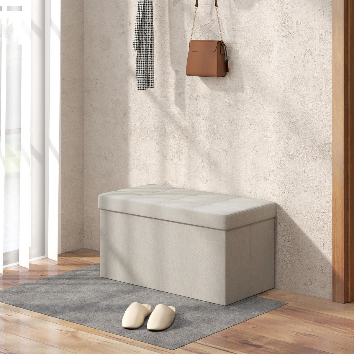 TRUHENBANK DE-16387 klappbar mit Stauraum und Knopfheftung Creme - Creme, Textil (76/38/38cm) - ComfortXL