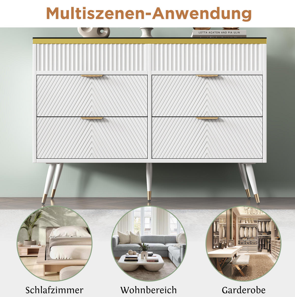KOMMODE 120/40/76 cm aus Glas und Spanplatte mit 6 Schubladen Weiß - Weiß, Holzwerkstoff (120/76/40cm) - Modenvie