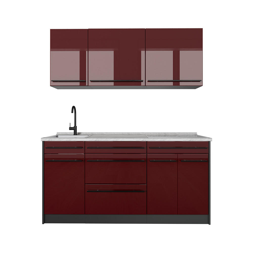 SINGLEKÜCHE R-Line, Rot Hochglanz/Anthrazit, 160 cm Arbeitsplatte Marmor - Anthrazit/Rot, Holzwerkstoff (160/81.6/60cm) - Vicco