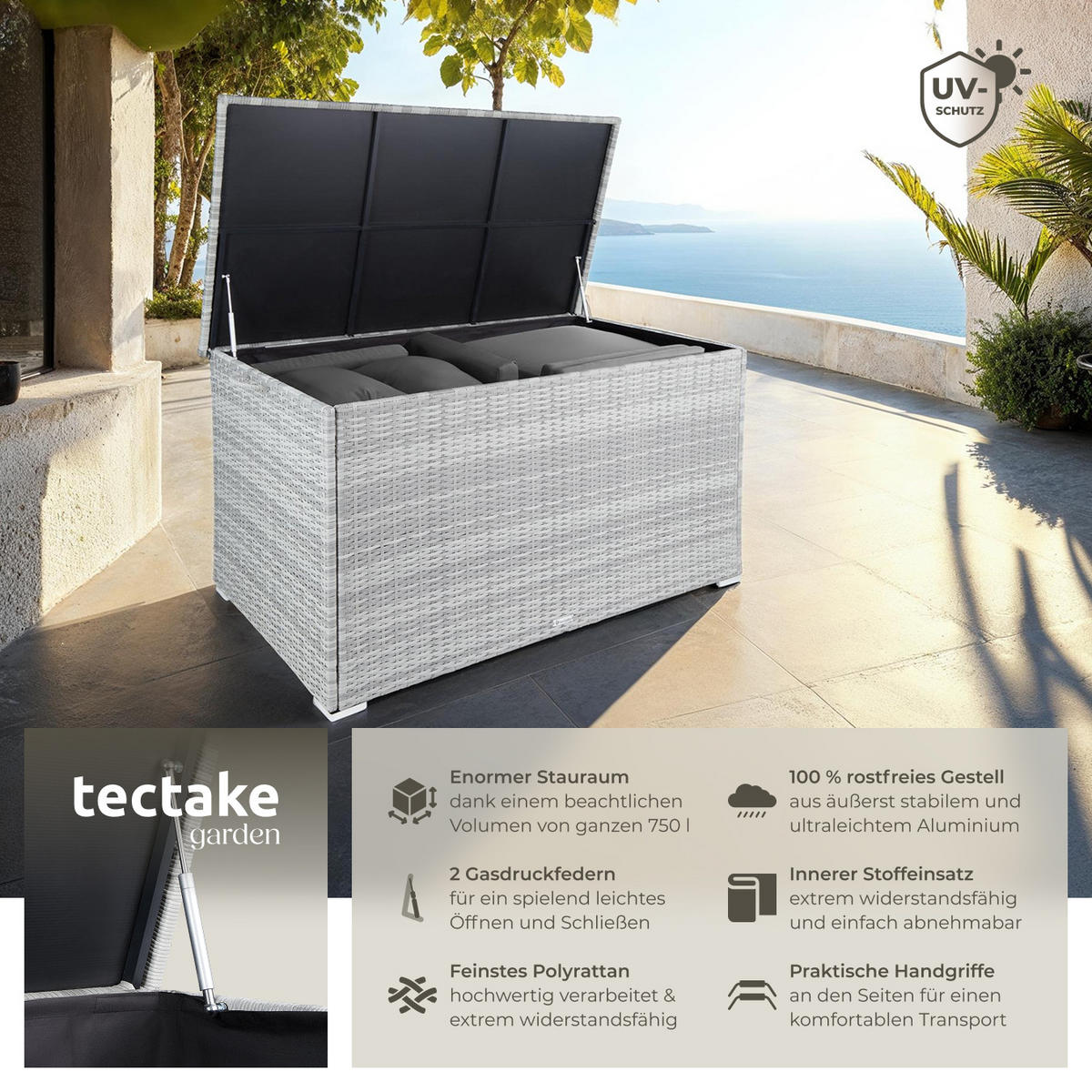 AUFLAGENBOX Oslo,145 x 82,5 x 79,5 cm,hellgrau - Hellgrau, Kunststoff (82.5/79.5/145cm) - tectake
