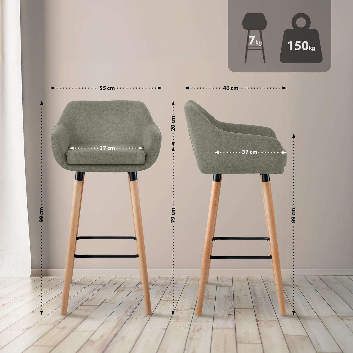 BARHOCKER 2er Set Stoff Hellgrau - Eukalyptusholzfarben/Hellgrau, Holz/Textil (55/99/46cm) - CLP