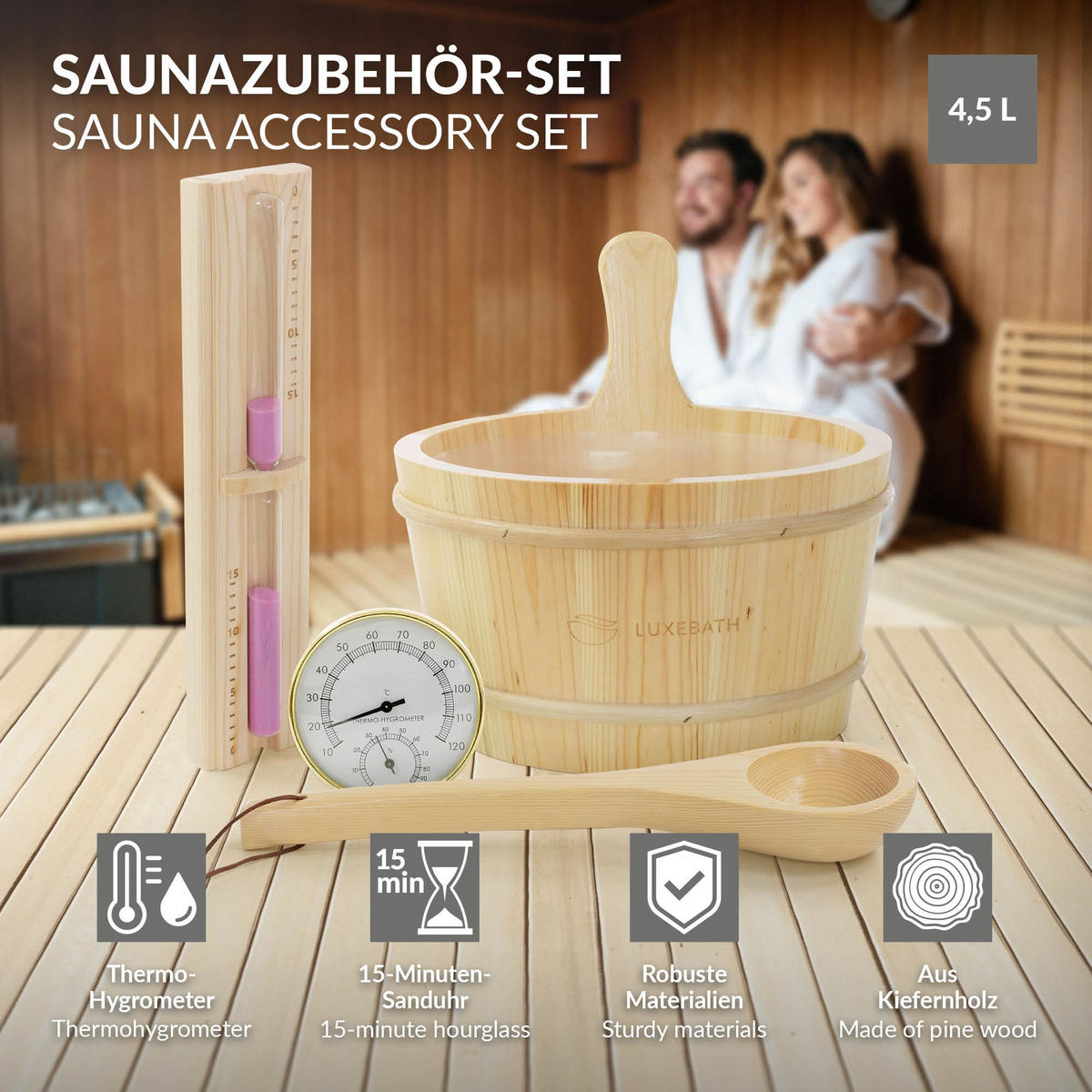 SADA SAUNOVÉHO PŘÍSLUŠENSTVÍ, 4dílná, z borového dřeva - přírodní, dřevo (27/30/37cm) - LuxeBath