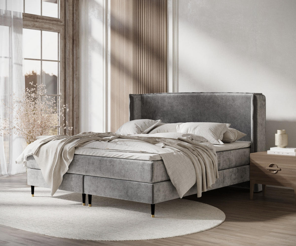 KONTINENTALBETT Ardis Grau 200/200 cm mit Matratze und Topper - Schwarz/Grau, Holz/Holzwerkstoff (200/200cm) - Maison de Reve