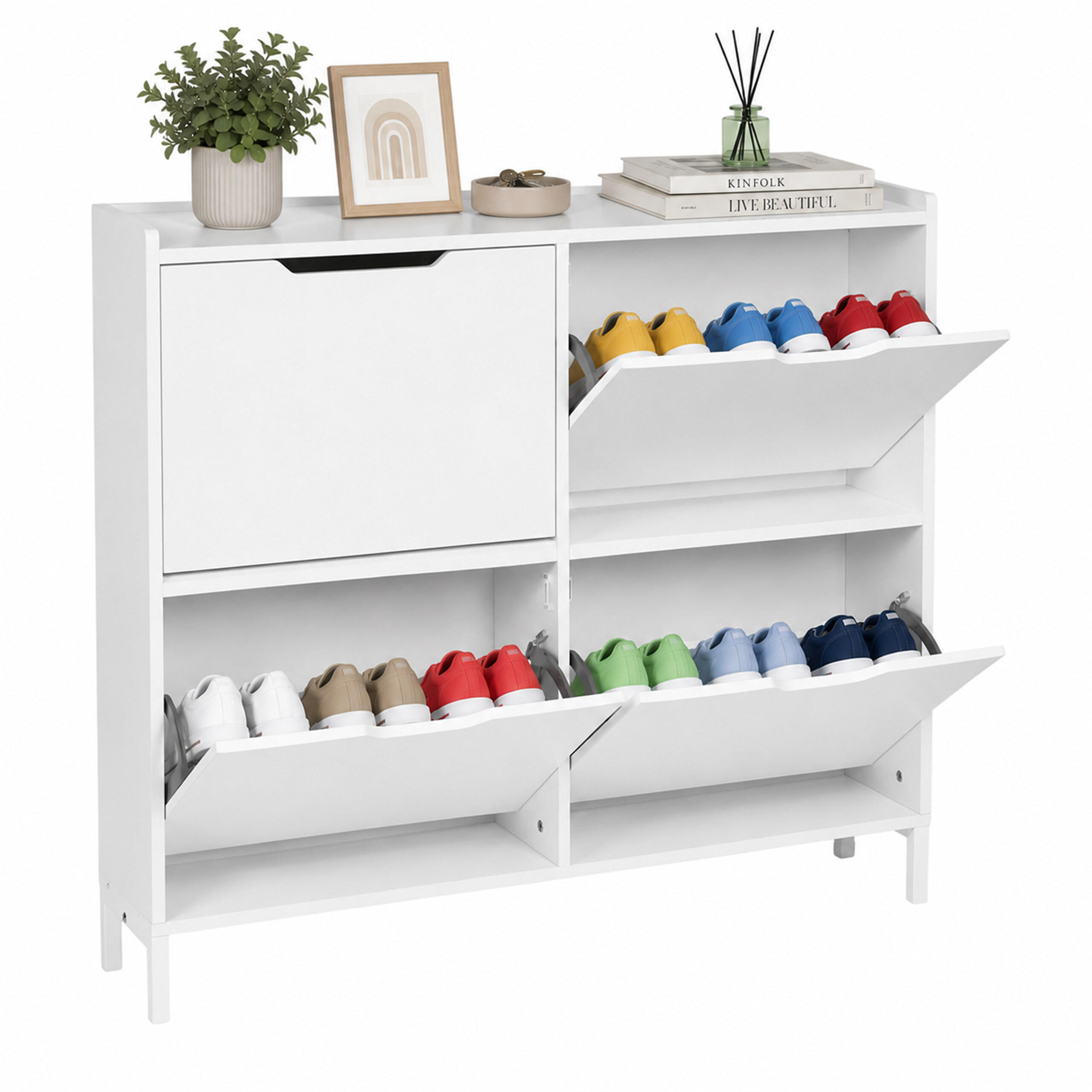 BOTNÍK biela 4 výklopné priehradky - biela, kov/kompozitné drevo (100/90/19cm) - Relaxdays