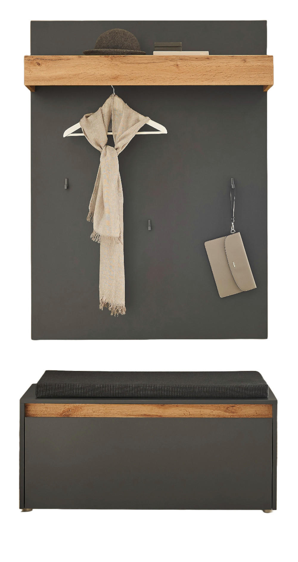 GARDEROBEN-SET 3-teilig grau matt, Eiche Wotan 100 cm, Flurgarderobe inklusive Sitzkissen - Silberfarben/Eiche Wotan, Holzwerkstoff/Kunststoff (100/200/40cm) - Furn.Design