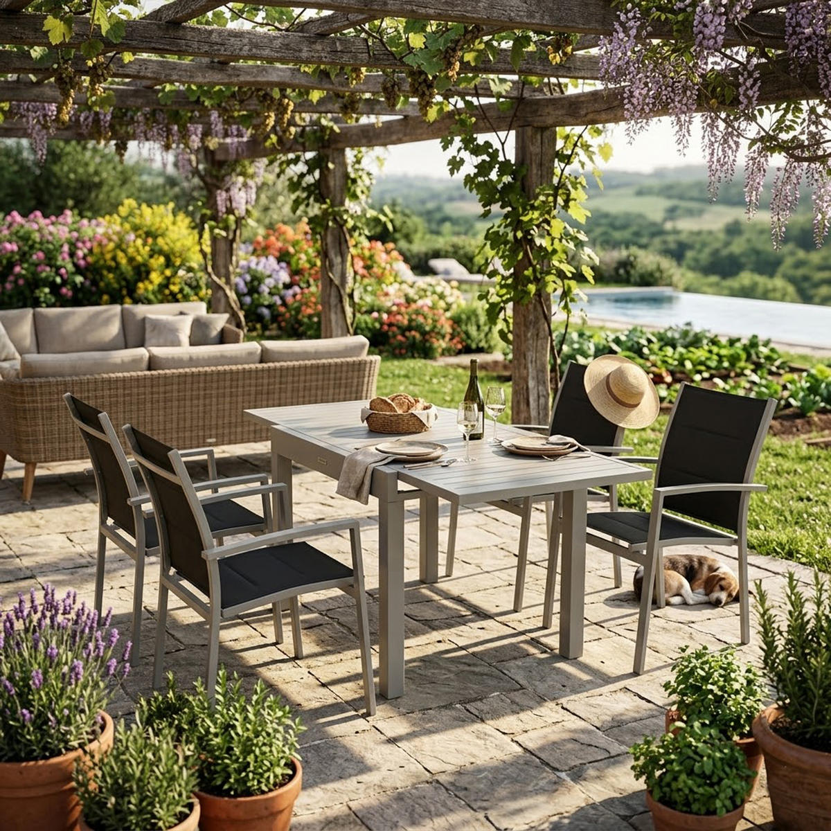 GARTEN-GARNITUR Sunderland - 5-teilige Garten-Essgruppe (4x Stapelsessel mit Aluminiumgestell, Bespannung Textillehne schwarz, - Schwarz, Metall - TPFGarden