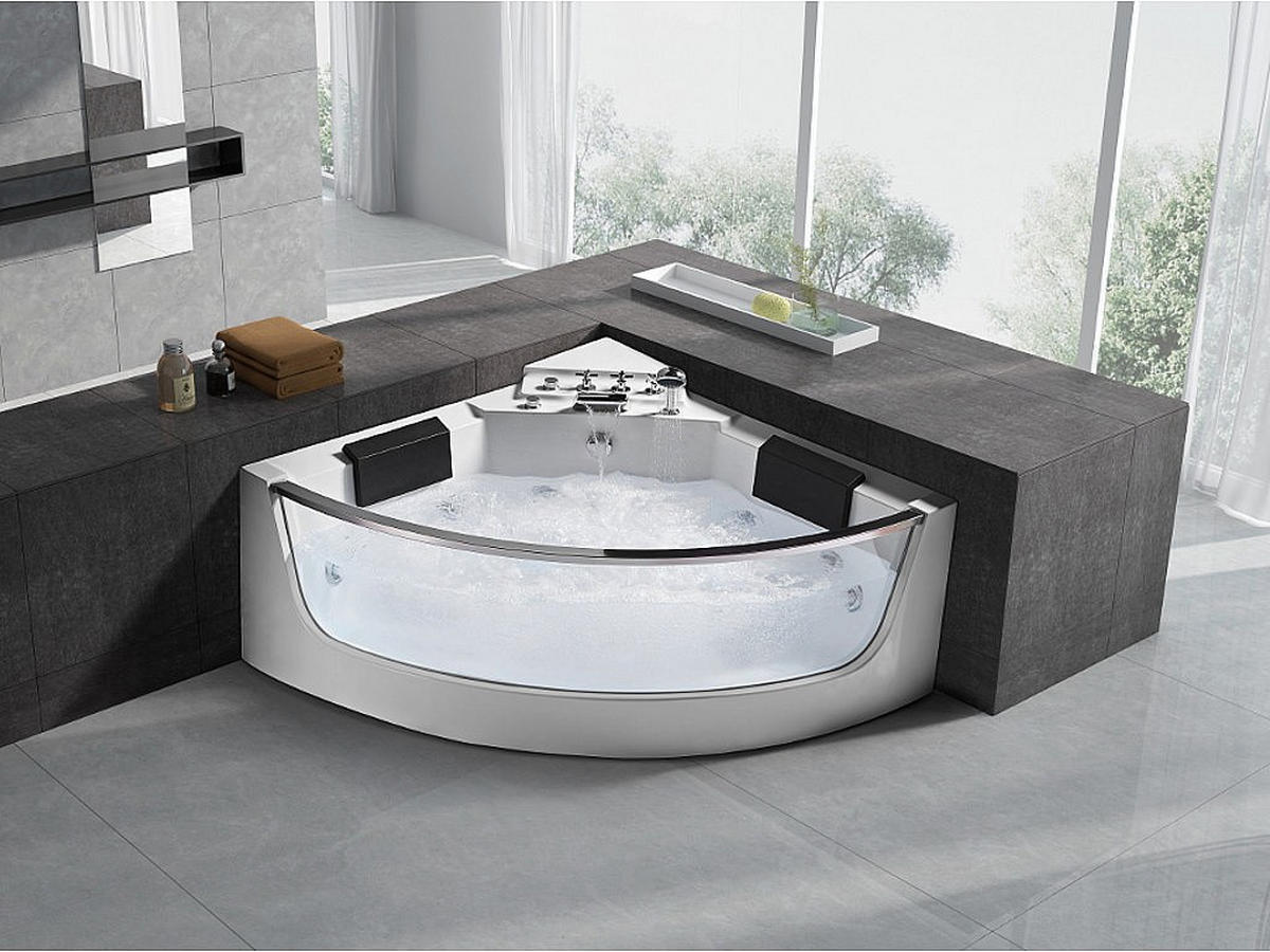 WHIRLPOOLBADEWANNE - 2 -Sitzer - Sicherheitsglas - weiß - EVELINA - Weiß, Glas (138/59/138cm) - Vente-Unique