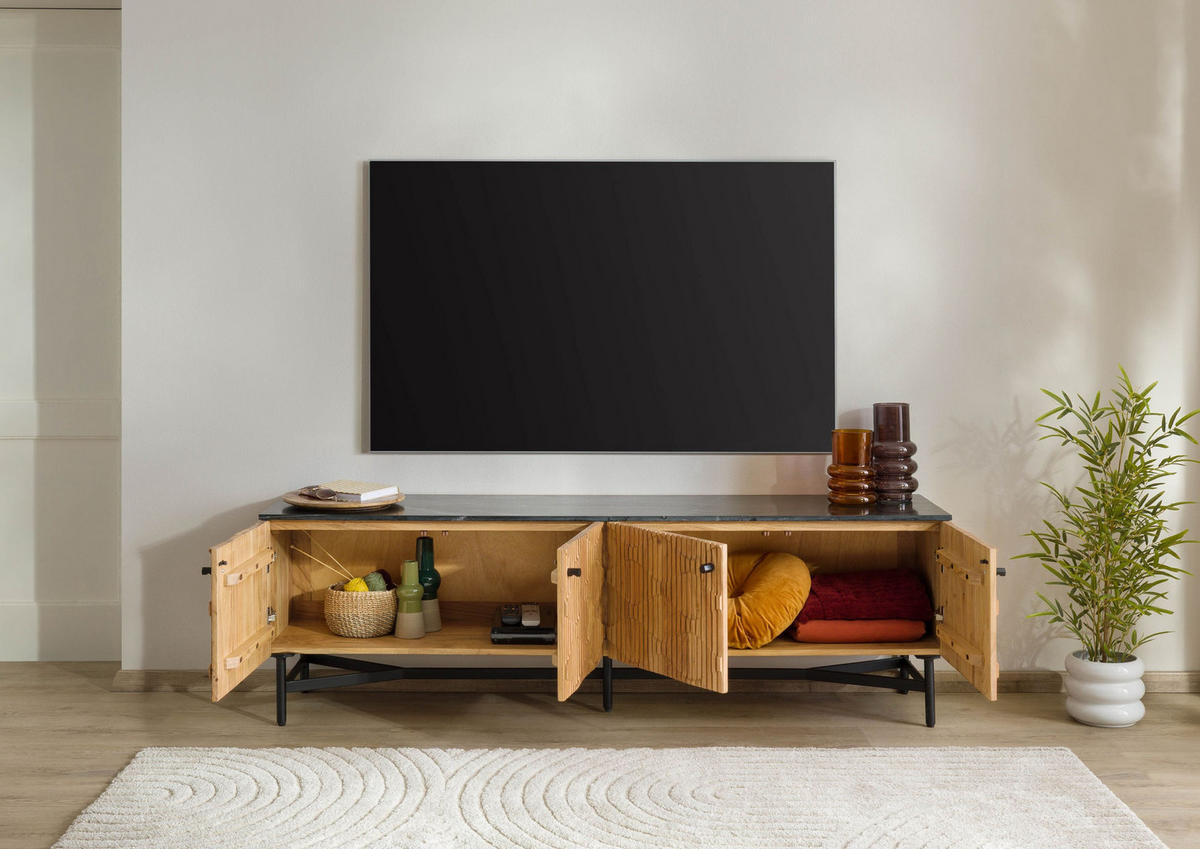 TV-BOARD Akazie 180x40x55 natur lackiert / Marmor schwarz LONDON #105 - Naturfarben, Holz (180/55/40cm) - Massivmoebel24