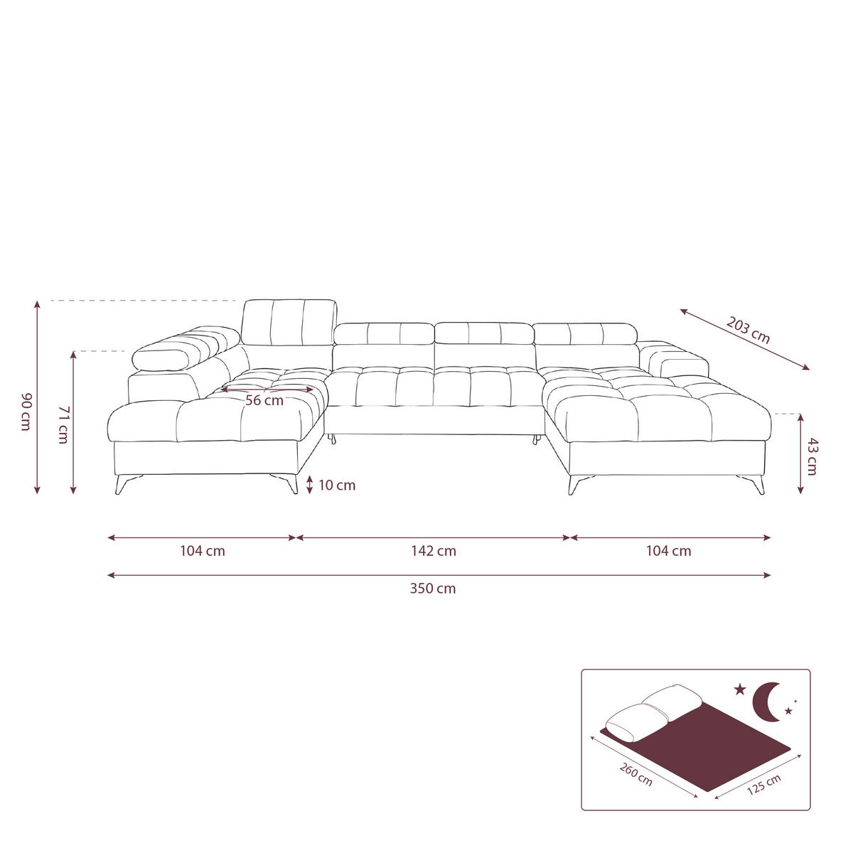 ECKSOFA PUDDING U Links mit Schlaffunktion 125x260 Velours Dunkelgrau - Dunkelgrau/Schwarz, Holz/Textil (203/350cm) - Muffo
