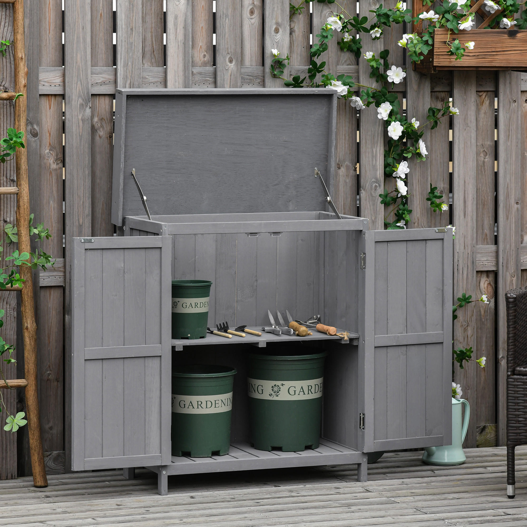 GARTENSCHRANK Geräteschuppen, Doppeltür, 2 Fächer, wetterfest, Tannenholz, Dunkelgrau - Grau, Holz (43/88/74cm) - Outsunny