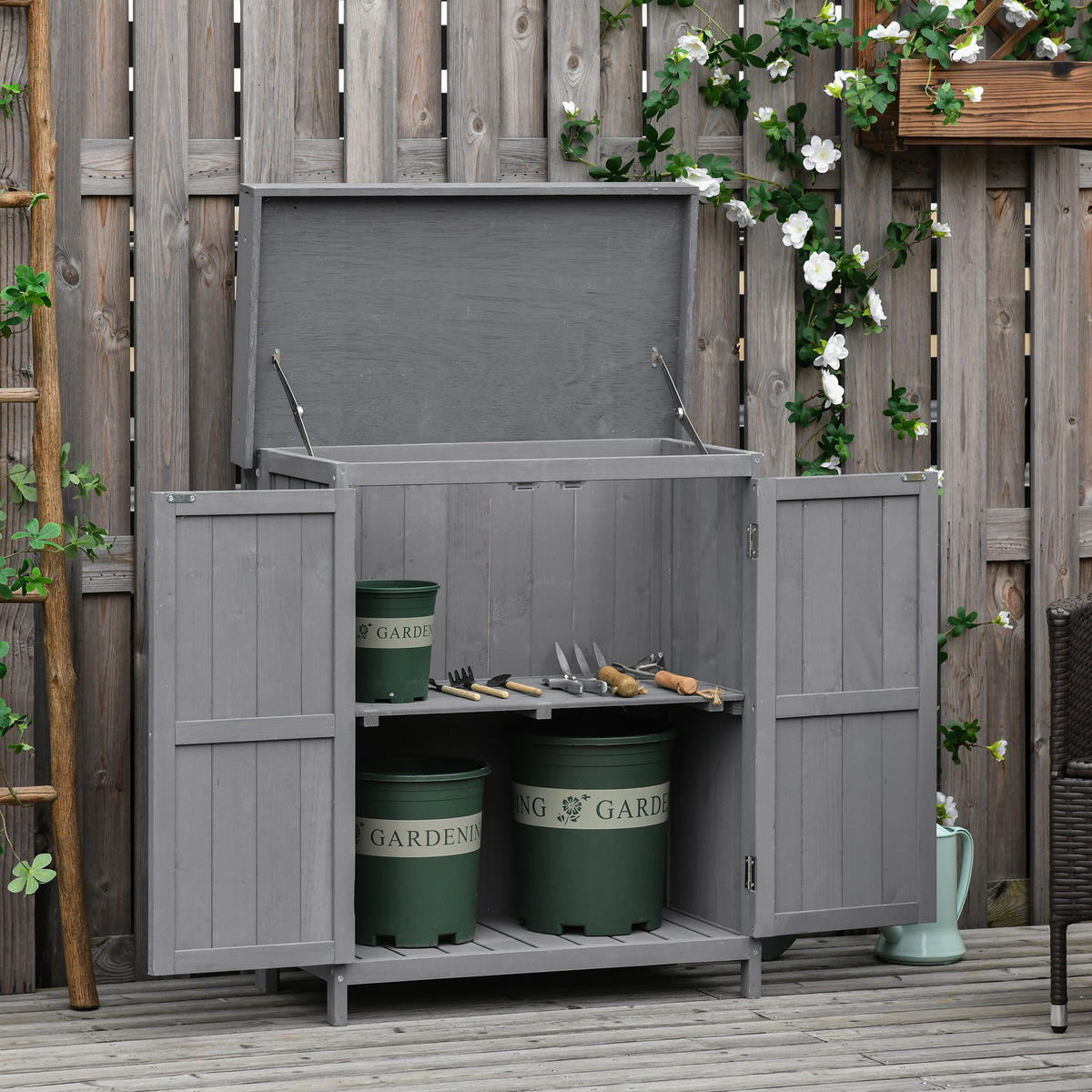 GARTENSCHRANK Geräteschuppen, Doppeltür, 2 Fächer, wetterfest, Tannenholz, Dunkelgrau - Grau, Holz (43/88/74cm) - Outsunny