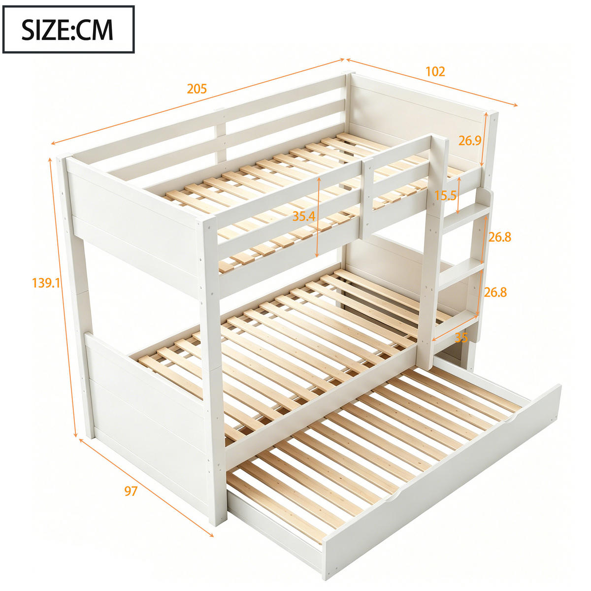 ETAGENBETT 90/200 cm in Weiß mit Ausziehbett, Leiter und Sicherheitsgeländer - Weiß, Holz/Holzwerkstoff (90/200cm) - WISHDOR