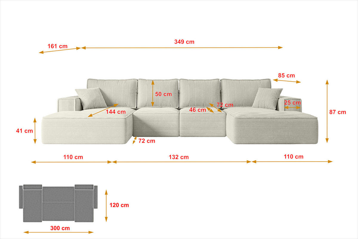 WOHNLANDSCHAFT mit Schlaffunktion und Bettkasten SIERRA-U-S - 349x161x87 cm Hellgrau Cord - Hellgrau/Schwarz, Holzwerkstoff/Kunststoff (349/87/161cm) - ALTDECOR
