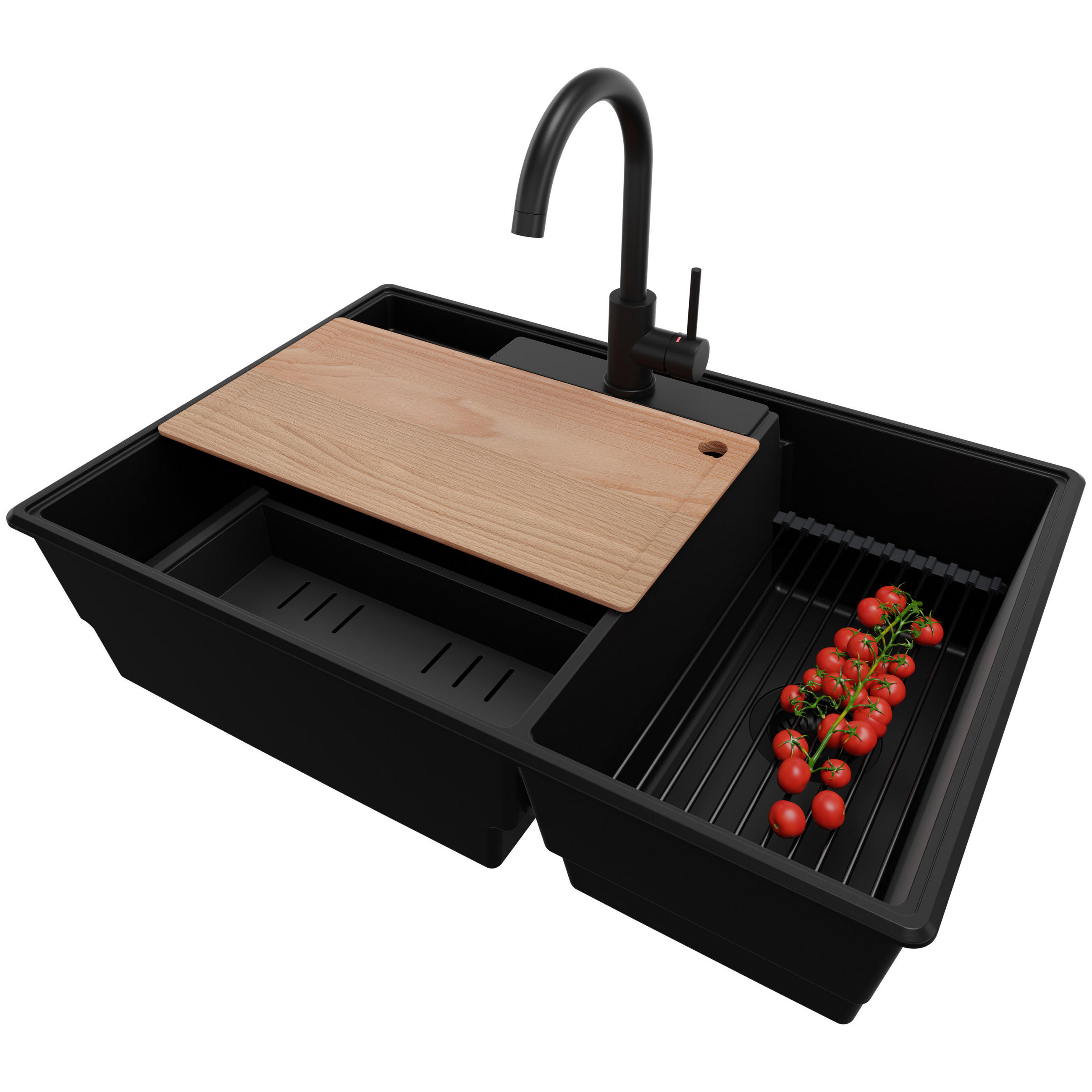 GRANITSPÜLE Paris, 2-er set Alles Schwarz 78/53 cm 2 Becken + Küchenarmatur 32/20 cm + Ablauf-Set + Küchenzubehörset ab 80er Unterschrank - Beige/Schwarz, Kunststoff (78/20/53cm) - Primagran