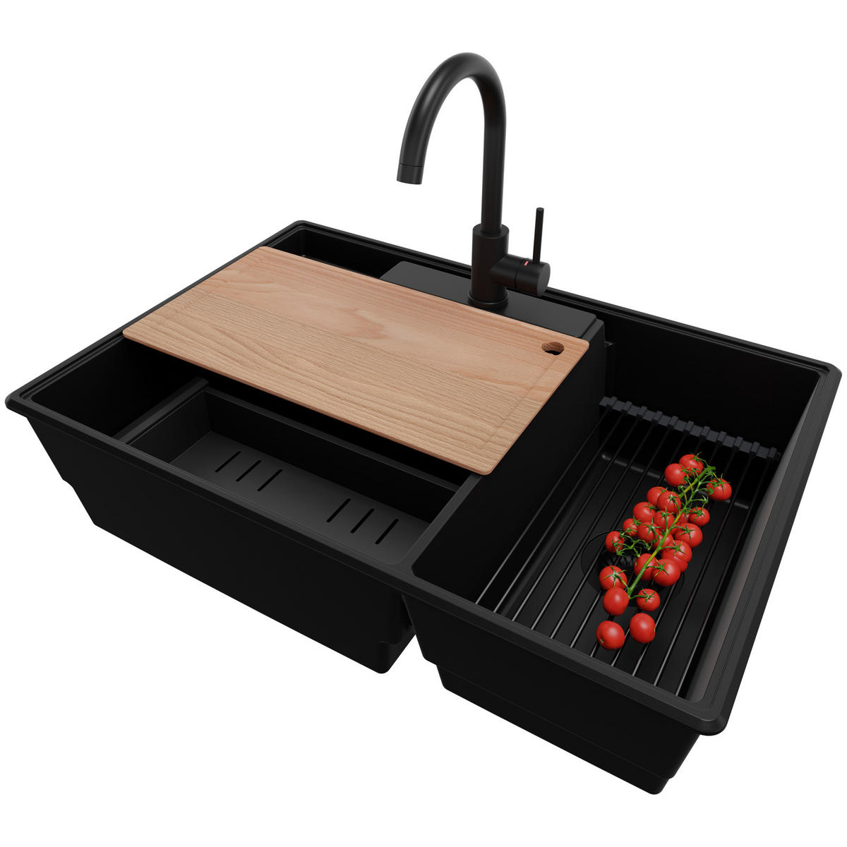 GRANITSPÜLE Paris, 2-er set Alles Schwarz 78/53 cm 2 Becken + Küchenarmatur 32/20 cm + Ablauf-Set + Küchenzubehörset ab 80er Unterschrank - Beige/Schwarz, Kunststoff (78/20/53cm) - Primagran