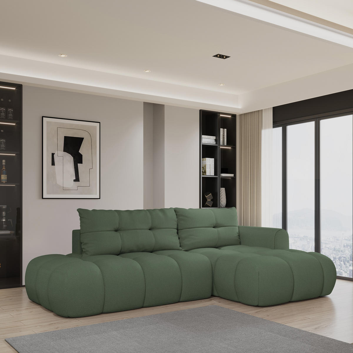 ECKSOFA FLUMA R-S Grün Geflochtener Stoff mit Schlaffunktion - Grün, Holz (274/165cm) - MASSENO