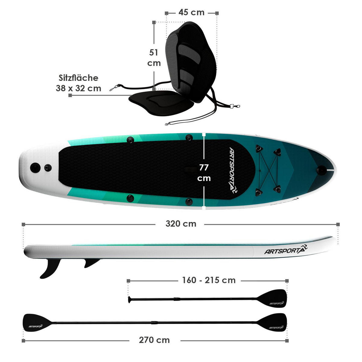 STAND UP Paddle Board Blue Wave aufblasbar mit Kajak-Set - Grün, Kunststoff (320/77/15cm) - Artsport