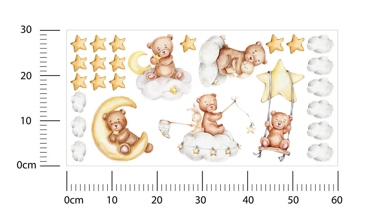WANDSTICKER Teddybären Wolken Monde Sterne 60x30 - Gelb/Beige, Papier (60/30/1cm) - Muralo