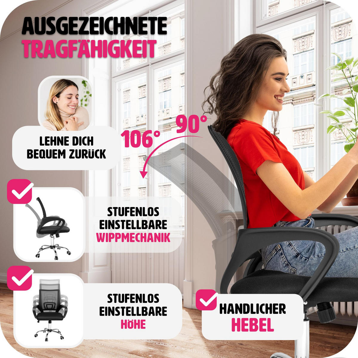 BÜROSTUHL Marius, stufenlos höhenverstellbar, schwarz - Schwarz, Textil (52/100/56cm) - tectake