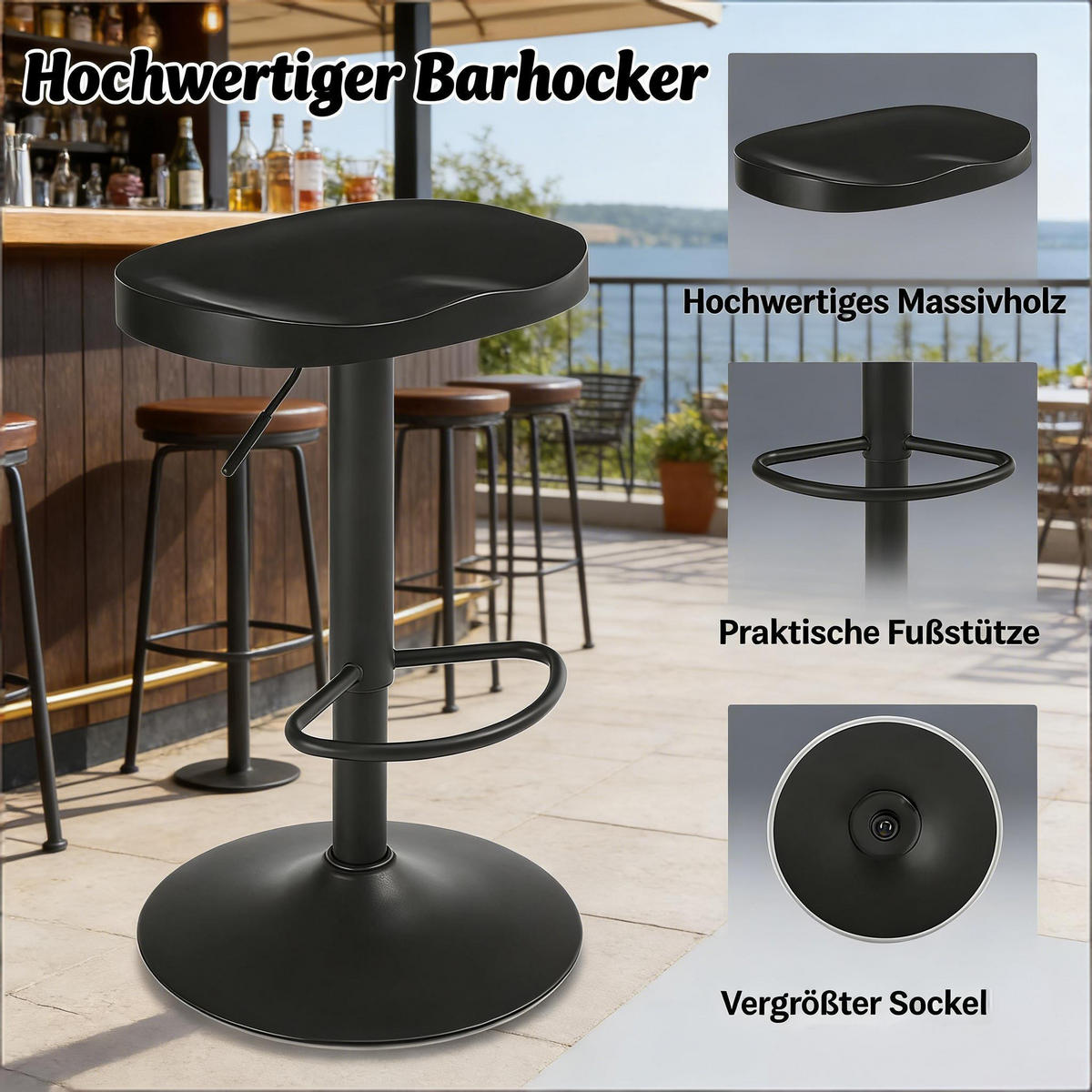 BARHOCKER 1er-Set Schwarz drehbar höhenverstellbar aus Massivholz - Schwarz, Holz (41.5/81/31.5cm) - PANGIVO