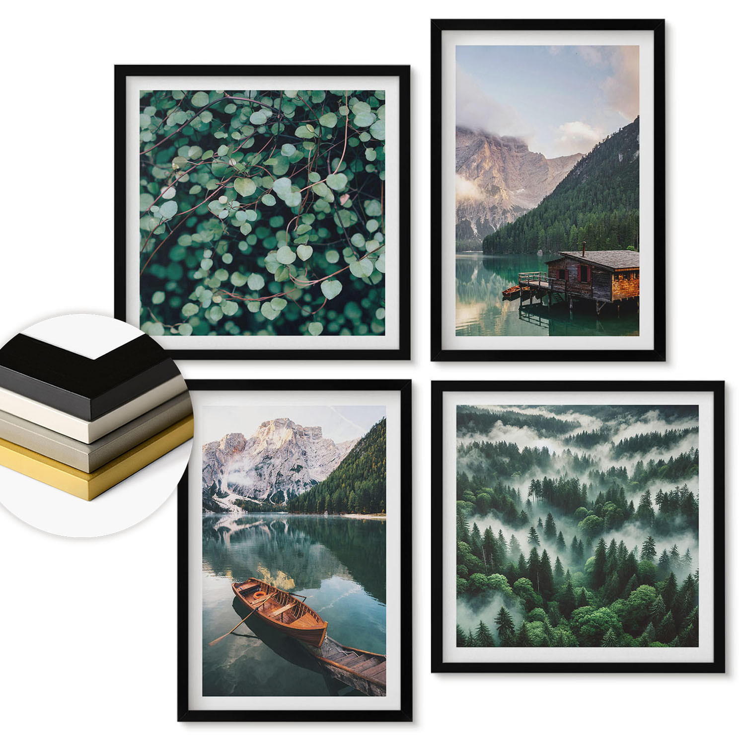 WANDBILDER 4er-Set - 50x50 cm & 40x60 cm Schwarzer Rahmen - Nebel auf dem Bergsee, Bootsfahrten, Nebel - Schwarz, Kunststoff (50/50cm) - ArtPrintCave